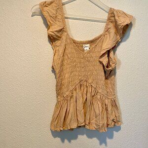 Japaa‎ Beige Smocked Babydoll Top Small Cottagecore Ruffle Sleeves